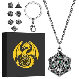 Mini DND Dice Set with Keychain Necklace Pocket Chain Green Diamond Hollow D20 Metal Case, 7pcs Polyhedral Metal D&D Dice Set, DND Gifts with Gift Box, Role Playing Board Games Accessories, Silver