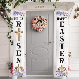 Easter Decorations Outdoor Happy Easter&He Is Risen Porch Sign Banner Religious Easter Resurrection Scene Deocrations and Supplies for Home Classroom Office