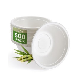 Goodluck 500 Pack White 12 oz Compostable Deep Bowls, Heavy Duty Bagasse Disposable Paper Bowls, Microwave Safe Sugarcane Fiber Bowls for Soup, Salad, Cereal & Meal Prep