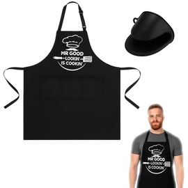 KRYMXAR Kochschürze Herren, Grillschürze für Männer mit praktischem Topfhandschuh, Küchenschürze mit großen Taschen, ideal für Grillen und Kochen