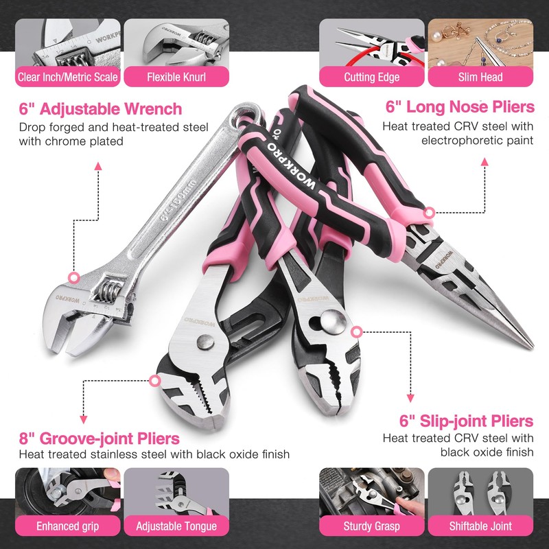WORKPRO Pink Cordless Drill Driver with Toolbox, 43PCS Pink Tool