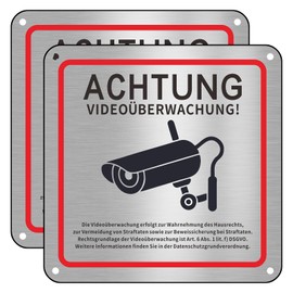 Video Surveillance Sign, Pack of 2, Private Property, 15 x 15 cm, Aluminium, Attention, Camera Surveillance for Surveillance Camera or Dummy
