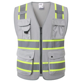 JKSafety 9 Pockets Hi-Vis Fluorescent Color Zipper Front Safety Vest with Neon Color Extended Yellow Trims for Men and Women Work Safety Utility (901-Grey M)