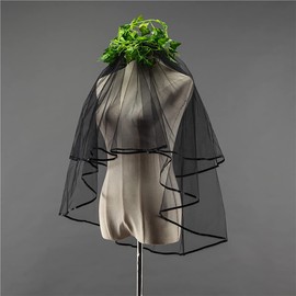 Wedity 2-Tier Bridal Veil Short Veil with Ribbon Edge Bridal Wedding Hair Accessories Covers Veil with Comb for Women and Girls (Black)