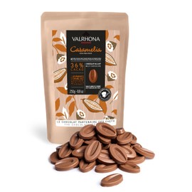 Valrhona Premium French Baking Milk Chocolate Discs (Feves). CARAMELIA 36% Cacao. Creamy, Caramel, Salted Butter Notes. Easy Melt-Tempering. Milky, Balanced. Luscious Frosting, Sauces 250g (Pack of 1)