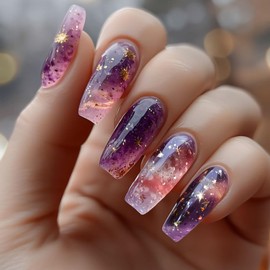 LOPMNGHT Purple Smudge Press on Nails Medium Ballet Shaped Full Cover Acrylic False Nail Purple Stars Sky Smudge Artificial Stick on Nail Press Ons Shines Fingernails 24Pcs Glue on Nails for Women