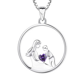 YL Mother and Son Necklace 925 Sterling Silver 12 Birthstone Cubic Zirconia Pendant Necklace Gifts for Mum Women 45-48 cm, Sterling Silver, Amethyst