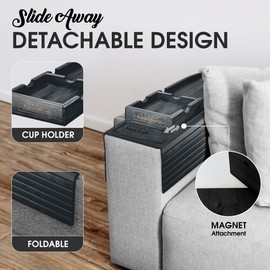 Couch Cup Holder with 2 Cork Coasters | Couch Caddy with Detachable Tray | Anti-Slip Foldable Armrest Sofa Tray, Anti-Spill Holder for Remote, Snacks, Cellphone - Ideal Gift (Black)