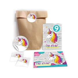 JuNa-Experten 12 Invitation Cards for 9th Children's Birthday Girls Unicorn Invitation Ninth Birthday Includes 12 Envelopes, 12 Party Bags / Natural, 12 Stickers