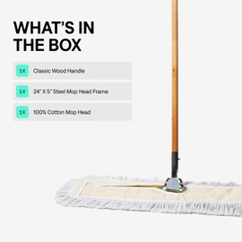 Commercial Dust Mop & Floor Sweeper, 24 in. Dust Mop for Hardwood Floors, Cotton Mop Head, Wooden Broom Handle, Industrial Dry Mop for Floor Cleaning & Janitorial Supplies