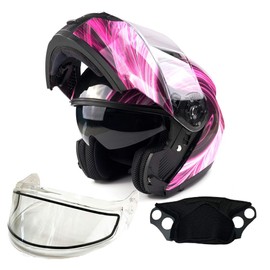 Typhoon TH158 Adult Dual Visor Modular Snowmobile Helmet DOT Full Face Flip-up (Pink, Small)