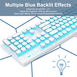 Camiysn Typewriter Style Mechanical Gaming Keyboard, White Retro Punk Gaming Keyboard with Blue Backlit, 104 Keys Blue Switch Wired Cute Keyboards, Round Keycaps for Windows/Mac/PC