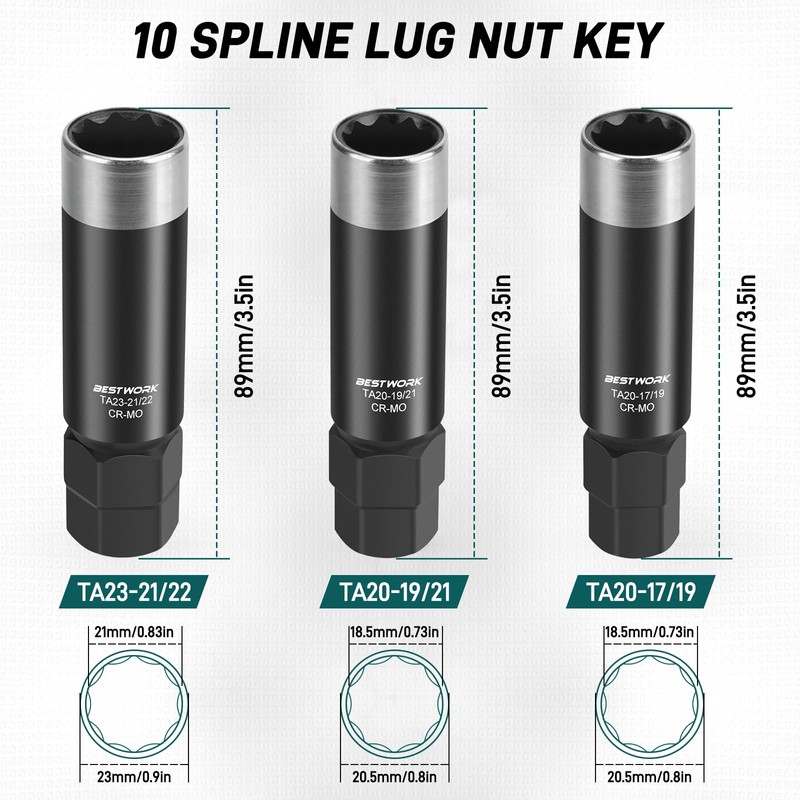 Bestwork 10 Spline Lug Nut Key Set, 10 Spline Lug