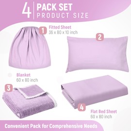 SmoothNovelty 4 Pcs Hospital Bed Sheets Set, Soft Knitted Standard Sheets Quality, Include Fitted Sheet, Quilt Cover, Pillow Case and Blanket (Purple)