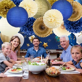 Navy and Gold Party Decorations Paper Lanterns Paper Fans Pompom Flowers Navy Blue Party Decorations for Birthday Wedding Baby Shower Graduation Nautical