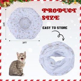 Seeloowy Christmas Tree Cat Tunnel Bed Cat Donut Tunnel Toy Under Christmas Tree Skirt, Flannel Kittens Cave Donut Multifunctional Hide Place for Rabbit Puppy, Snowflake Pattern(White,Gold)