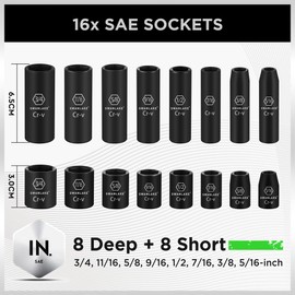 SWANLAKE GARDEN TOOLS 3/8'' Drive Impact Socket Set, 50-Piece Standard SAE (5/16 to 3/4 inch) and Metric (8-22mm) Size, 6 Point, Cr-V, 3/8-Inch Ratchet Handle, Extension Bar, Universal Joint