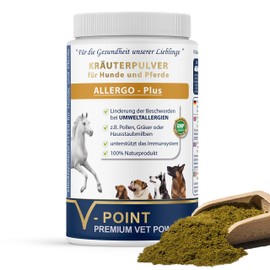 V-POINT Allergo Plus - For Allergies caused by Pollen, Grasses, Hay Dust - For Complaints and Prevention - Premium Herbal Powder for Dogs and Horses - With Black Cumin, Rosehip, Ginger (500 g)