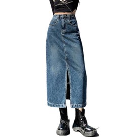 Viatabuna Blue Denim Skirt for Women Midi Length High Waist A Line Long Jean Skirt with Slit