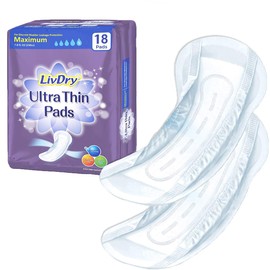 LivDry Incontinence Ultra Thin Pads for Women | Leak Protection and Odor Control | Extra Absorbent (Maximum 18-Count)
