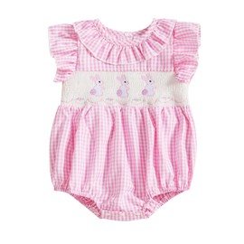 Adobabirl Baby Girl Easter Outfit Bunny Embroidery Smocked Bubble Romper Plaid Short Sleeve Bodysuit Cute Summer Clothes (Pink Plaid Bunny, 3-6 Months)