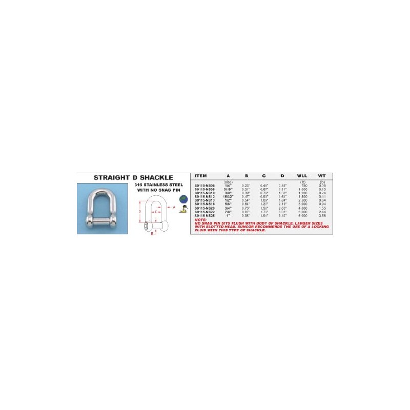 316 Stainless Steel Straight D Shackle 1/4" (no snag pin)