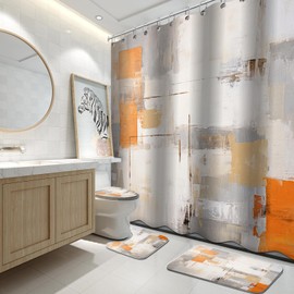 Lnond 4Pcs Bathroom Sets with Shower Curtain and Rugs, Grey Orange Abstract Bathroom Shower Curtain Sets, Grey Orange Grey Modern Art Bathroom Sets with Rugs and Accessories