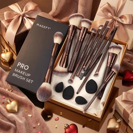 MAGEFY Brochas para Maquillaje Profesional, 17 PCS Brochas de Maquillaje de Doble Punta Kit de Aluminio con 4 Esponjas y Caja de Regalo (Marrón)
