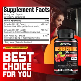 Berberine Extract Capsules - 7050mg Formula Pills with Black Pepper Extract - Berberine Supplement for 3 Month Supply (90 Capsules)