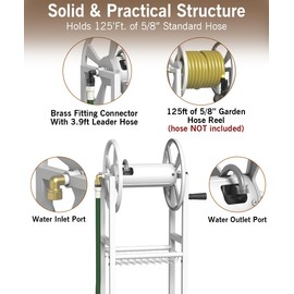 Garbuildman Ground Mount Garden Hose Reel Holds 125 Feet of 5/8-Inch with 3.9 ft Leader Hose, Brass Fitting, Water Hose Holder Stand with Storage Rack & 4 Spikes Base for Outdoor Lawn, White