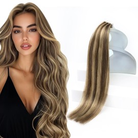 Sunny Hair Tape in Hair Extensions Real Human Hair Invisible Remy Hair Extensions Tape ins for Women Dark Brown Highlight Caramel Blonde 24 inch 20Pcs 50G