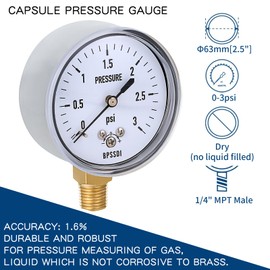 0-3 Psi Low Pressure Gauge, 2.5" Dial Size with 304 Stainless Steel Case, 1/4" NPT Lower Mount for Water Gas Pressure Test(with Tape)