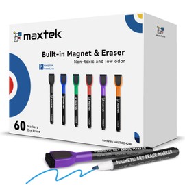 maxtek 60 Count Magnetic Dry Erase Markers, Fine Tip, 6 Colors, Low Odor Whiteboard Markers with Built-in Eraser
