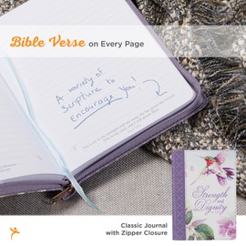 Christian Art Gifts Vegan Leather Zipped Journal, Inspirational Women's Notebook Strength and Dignity Scripture, Flexible Cover, 336 Ruled Pages, Ribbon Bookmark, Prov. 31:25 Bible Verse