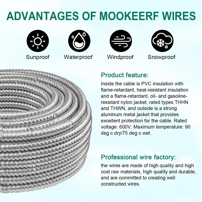 MOOKEERF 12/3 MC Cable with Ground - 25FT Pure Copper