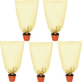 UOIENRT 5 Pack Plant Covers Freeze Protection, 24 x 31 in Plant Frost Protection Bags with Drawstring for Plants Tree from Severe Cold & Frost(Beige)