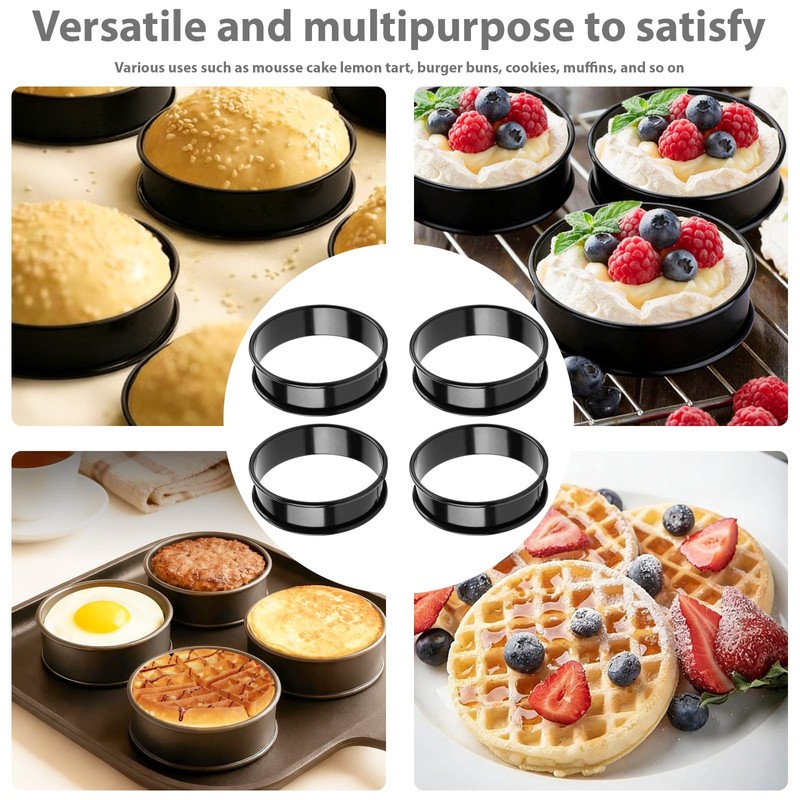 Bamily 4Pcs Crumpet Rings, 8.5cm Crumpets Cooking Rings Non Stick