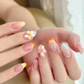 24 Pcs Summer Almond False Nails with 3D Flowers Design - Medium Yellow French Tip False Nails with Glue - Removable Yellow Tip Stick on Nails Fake Nails for Nail Art Accessories