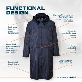 Portwest S438 Men's Waterproof Raincoat - Lightweight Long Rain Jacket with Hood and Pockets Black, XX-Large