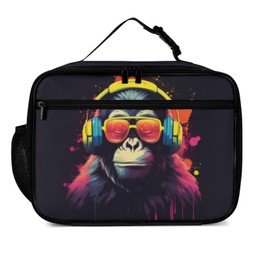 Muishi Funny Monkey Music Reusable Lunch Box Insulated Lunch Bag Cooler Bag Lunchbox Meal Food Container Tote Bag for Women Kids Girls Boy School Camping Hiking Picnic Beach Travel