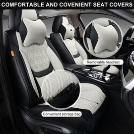 TINRAIYANG Car Seat Covers Front Pair, Breathable Leather Automotive Front Seat Covers with Headrest, Universal Automotive Vehicle Seat Cover for Most Sedan SUV Pick-up Trucks, Black-Beige