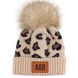 Sorority Shop - Alpha Omicron Pi Beanie Hat - Leopard Print with AOP Name Patch