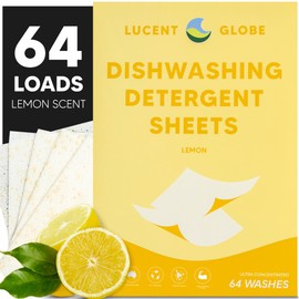 Lucent Globe Dishwasher Dishwashing Detergent Sheets, Dish Soap & Dishwashing Tablets Alternative. Plant-Based, Eco-Friendly, Fully Biodegradable, Lemon Scent & Plastic Free Packaging (64 Sheets)