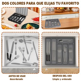 Organizador de cubiertos con tapa,Cubertero con tapa de 6 compartimentos,Cubertero con separadores para cajón de cocina,Organizador de plástico para cajones para cuchillos, tenedores, cucharas (gris)
