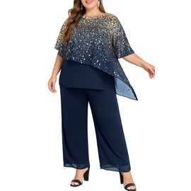 Hanna Nikole 2 Pieces Mother of The Bride Pant Suits with Sleeves Chiffon Pant Suits for Wedding Plus Navy 22 Plus