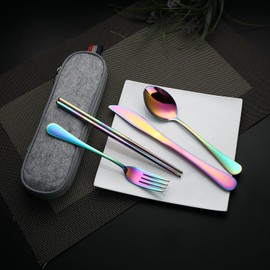 DEVICO Camping Utensils, Portable Travel Utensils with Case, Stainless Steel Reusable Silverware for Lunch Adult, 5Pcs Cutlery Set Includes Knife Spoon Fork Chopsticks and Case (Rainbow)