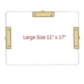 JIARI 1 Pack 11x17 Clipboard Clear Acrylic Horizontal 3 Clip Clipping Board Large Size (3 Clip-Gold 1 Pack)