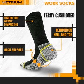 Metrium 10 Pairs Black Reinforced Heavy Duty Work Socks, Crew Length, Cushioned, Winter Warm, Durable, Breathable Fabric, Extra Strong Toe and Heels.