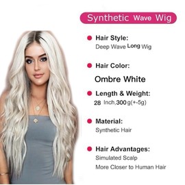 Tangyaoyusun 28Inch Ombre White Hair Replacement Wigs Long Curly Wavy Synthetic Black Wig For Black Women Daily Party Use (Ombre White)