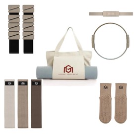 GARNET MOVEMENT - Home Pilates Essentials Kit 9 pcs. Pilates Ring Fitness Trainer, Ankle/Wrist Weights, Resistance Bands, Tote Bag, Grip Socks. Home or Gym/Studio Use. *MAT NOT Included*
